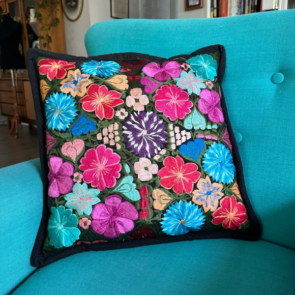 Vintage Floral Jewel Tone Silk Embroidered Accent Pillow - Picture 1 of 7